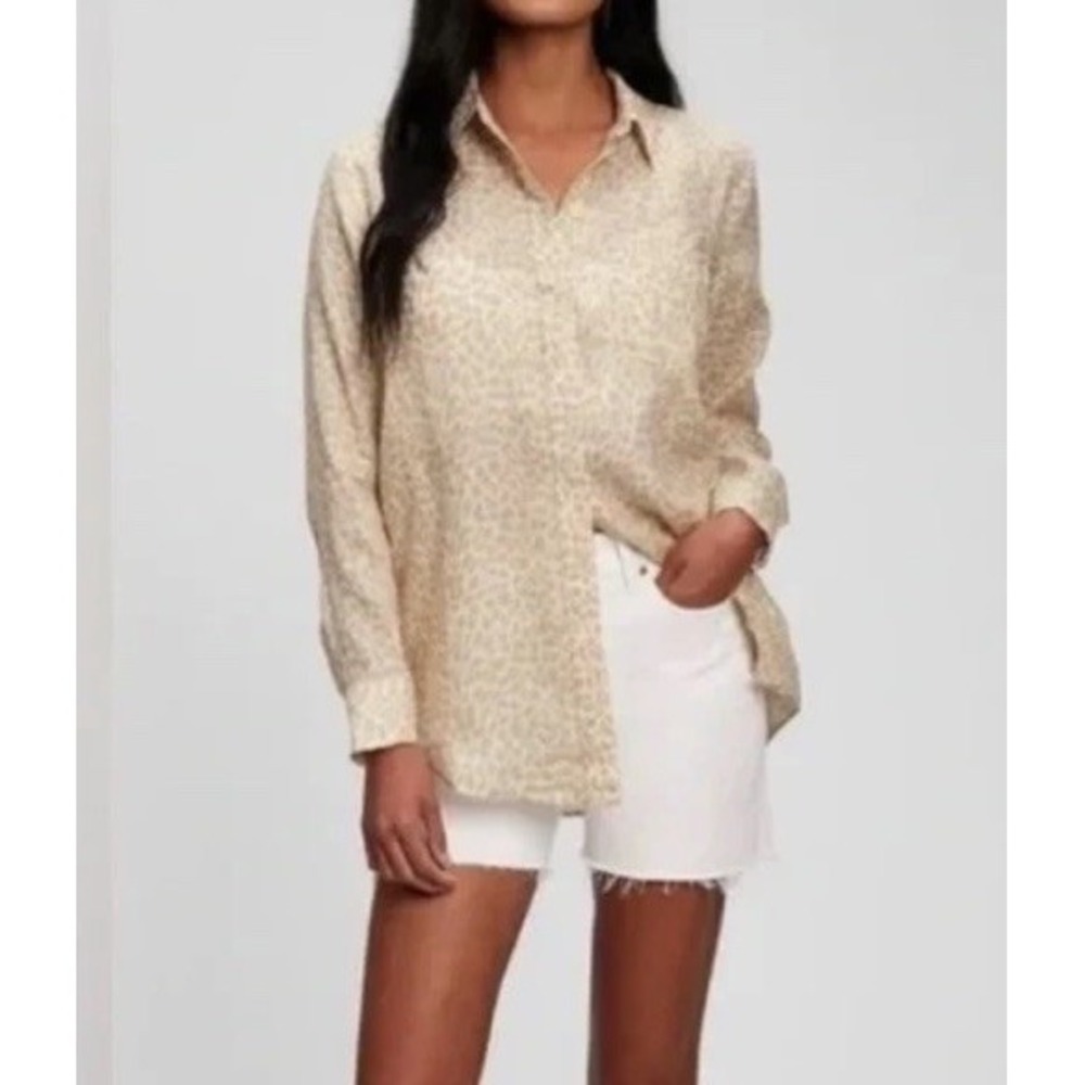 Gap 100%‎ Linen Women XL Leopard L/S Boyfriend Button Up Shirt Coastal Beige